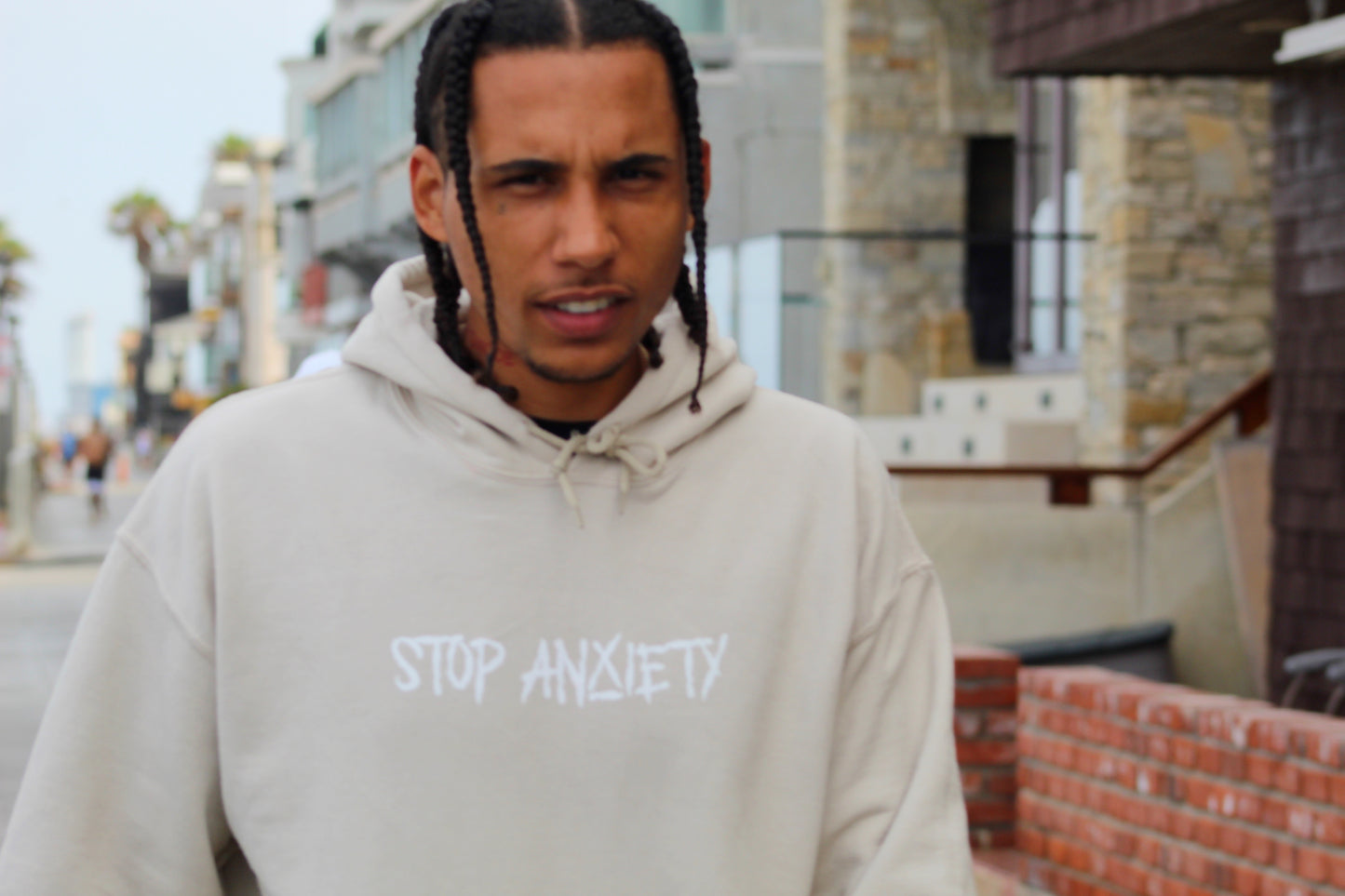 Stop Anxiety hoodie (white on tan)