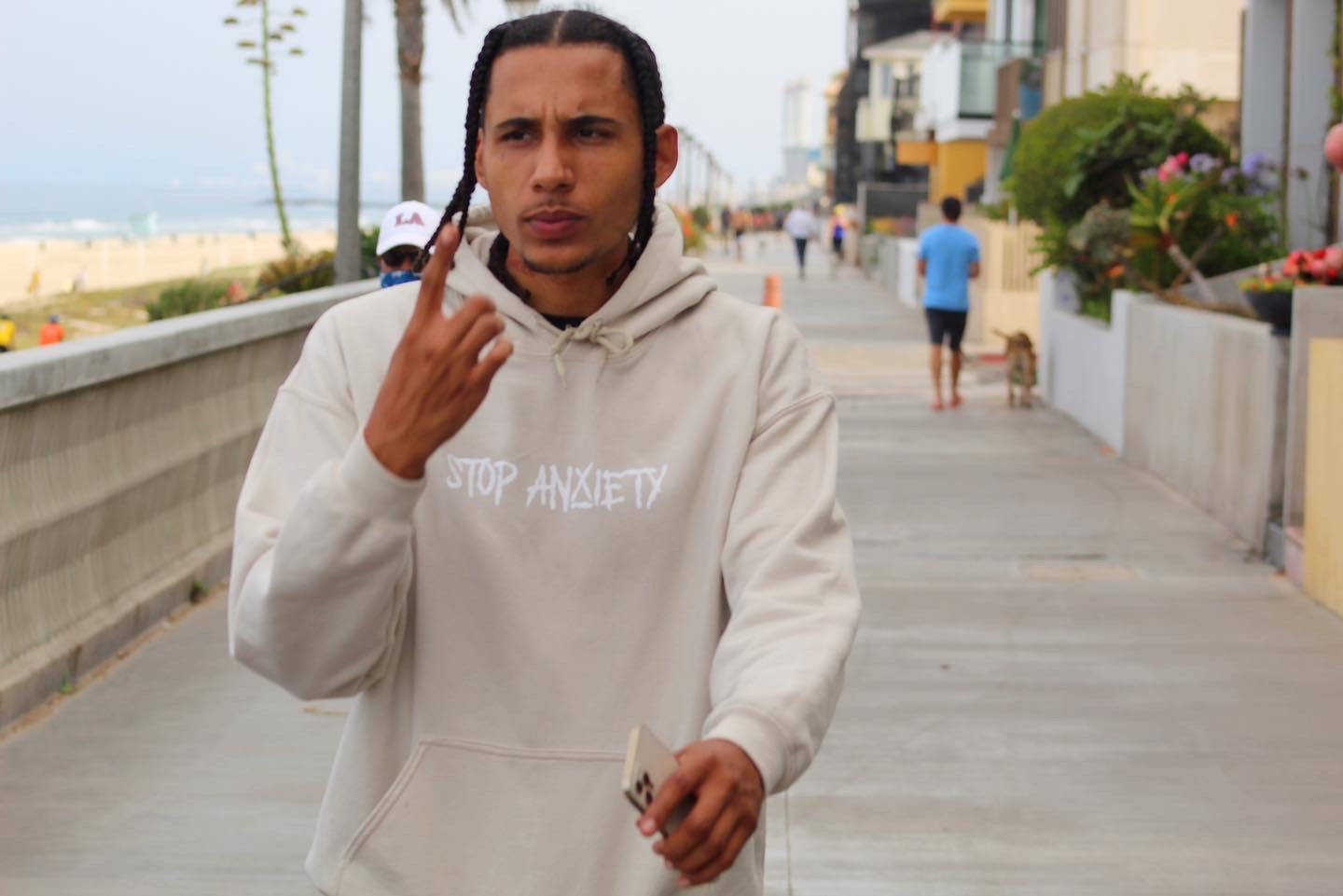 Stop Anxiety hoodie (white on tan)